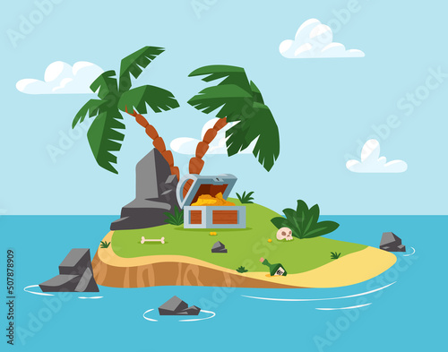 Print op canvas Pirate treasure island in the sea, ocean, vector flat illustration