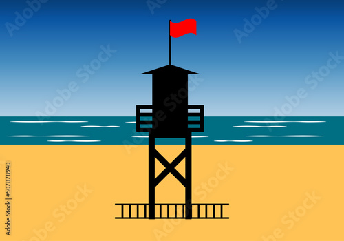 Caseta del socorrista de la playa con la bandera roja en la playa. Bandera roja