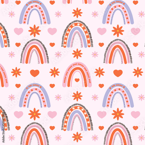 Vector seamless pattern from rainbows. Pink rainbows and hearts.