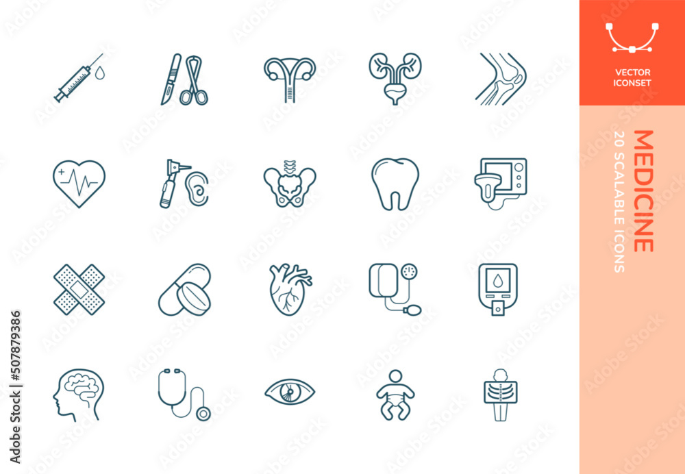 Set of 20 fully scalable vector line icons containing medical symbols