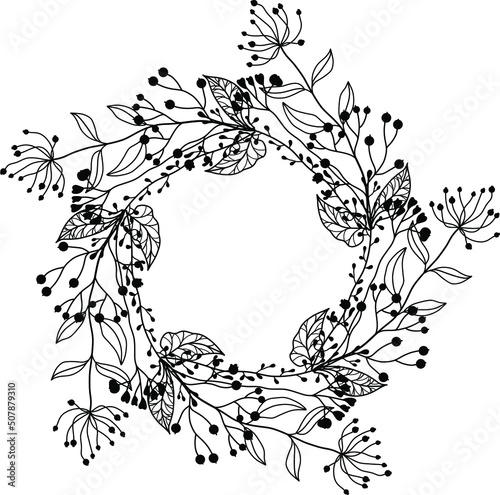 Round frame made of flowers. Leaves frame. Wreath of flowers and leaves. wreath silhouette. Contour frame from plants. Vector illustration.