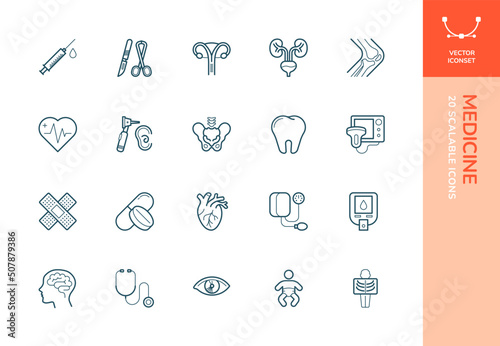 Set of 20 fully scalable vector line icons containing medical symbols
