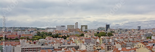 Panoramic high angle view on houses and apartment blocks of Lisbon