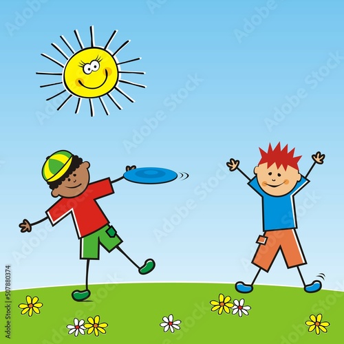 Two boys with frisbee on meadow, leisure activity,vector illustration
