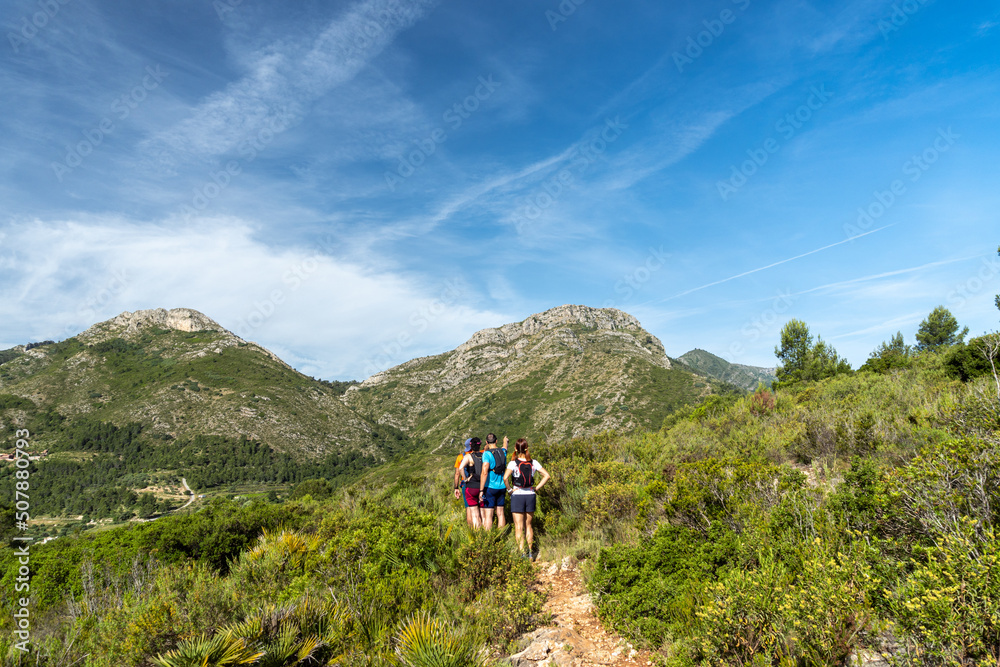 Hikers walking along a path with low bush, with mountains in the background on a sunny summer day