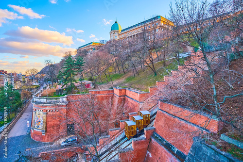 The pleasant trip on vintage funiculare cabin to the top of Castle Hill, Budapest, Hungary photo