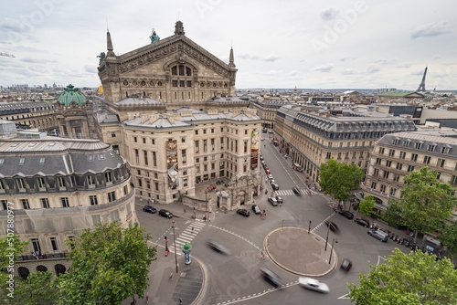 View of the gray roof, attic of Paris and Grand Opera from the roof of the shopping center Gallery Lafoyet in Paris, France
