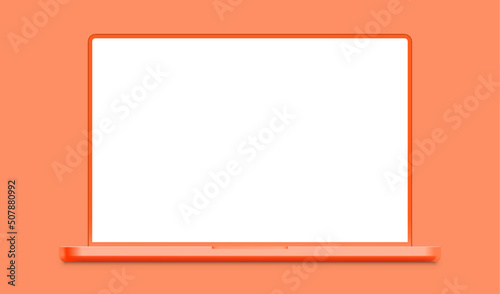 Laptop blank screen orange background. Minimalistic modern frameless vector eps 10 format illustration