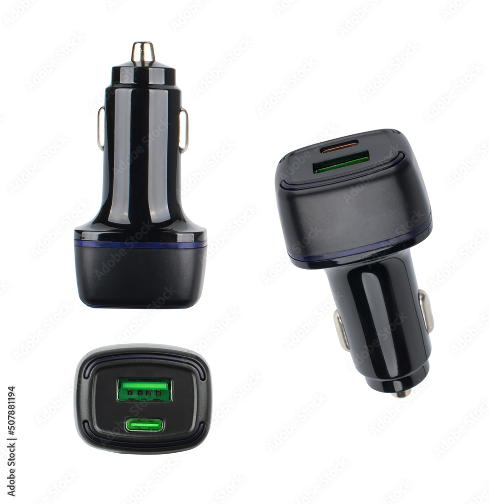 power adapter for phone tablet from the cigarette lighter to the car, on a white background