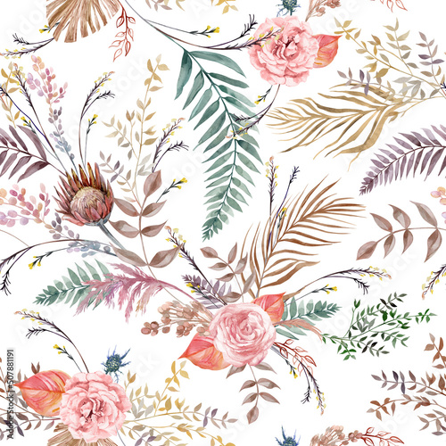 Seamless watercolor pattern with delicate rose and protea flowers and dried fern flowers and palm leaves in boho style drawn for summer clothing textile and surface design
