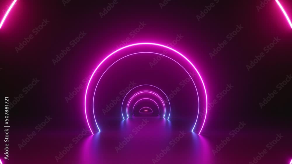 looping 3d animation, moving forward the endless podium with glowing rings. Abstract neon background