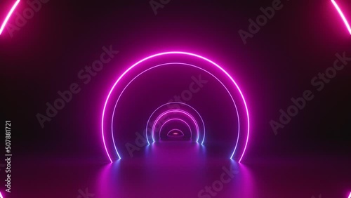 looping 3d animation, moving forward the endless podium with glowing rings. Abstract neon background
