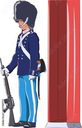 Danish guardsman in dress uniform and with a rifle at his post.
