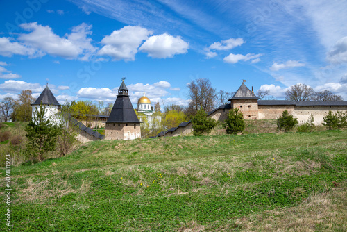 Spring morning at the walls of the ancient Pskov-Pechersk monastery. Russia, Pskov region