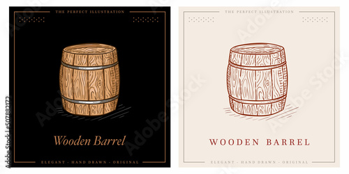 Wooden barrel color and sketch illustration