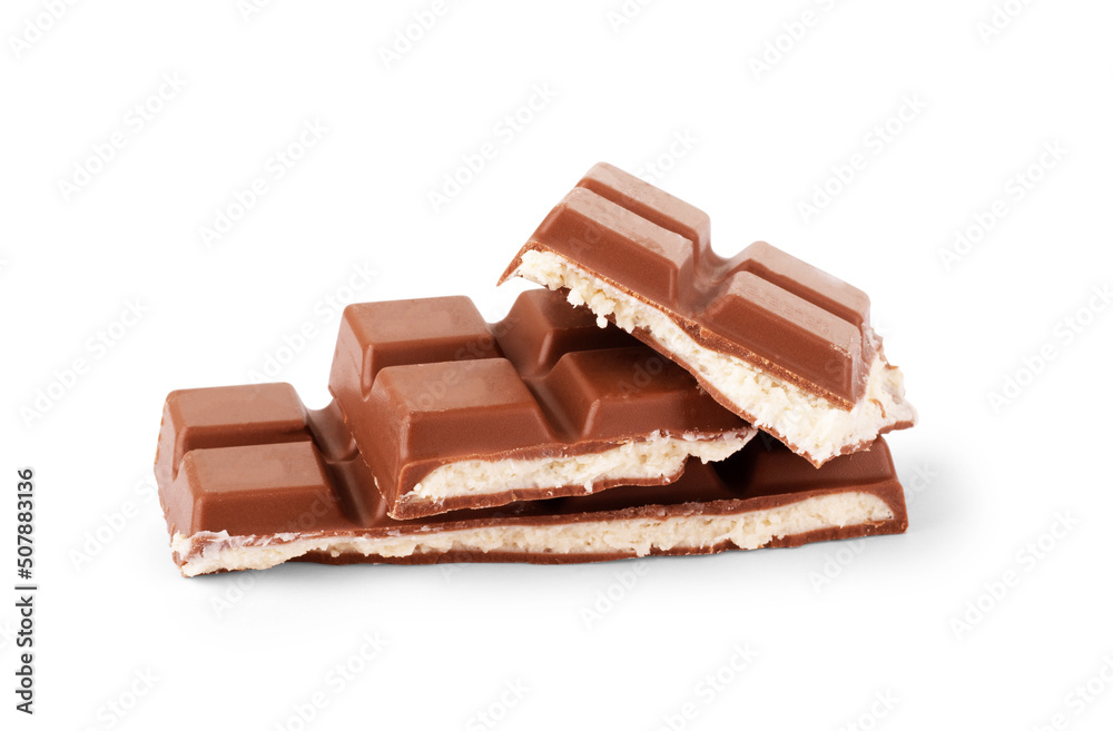 Broken chocolate bar on a white background Broken chocolate bar on a white background