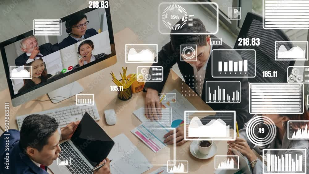 Creative visual of business people in a corporate staff meeting on video call . Concept of digital technology for marketing data analysis and investment decision making .