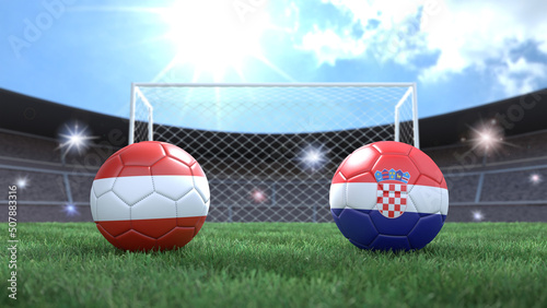 Two soccer balls in flags colors on stadium blurred background. Austria and Croatia. 3d image
