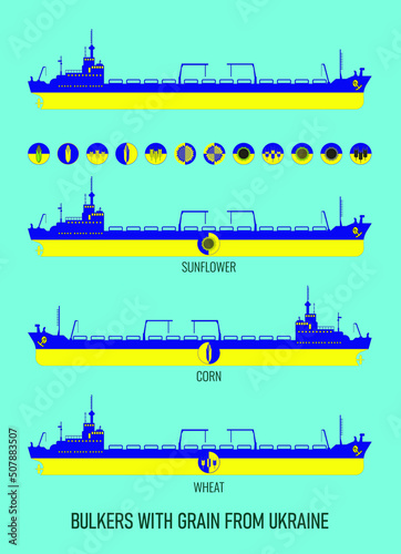 Icon set of dry cargo ships for transportation of bulk cereals and icons of grain, corn, sunflower in the colors of the flag of Ukraine. Constructor for designer. Vector illustration 