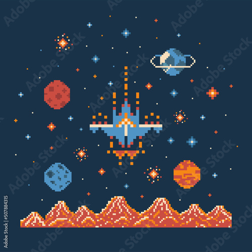 8 bit Pixel Art Shuttle in Outer Space