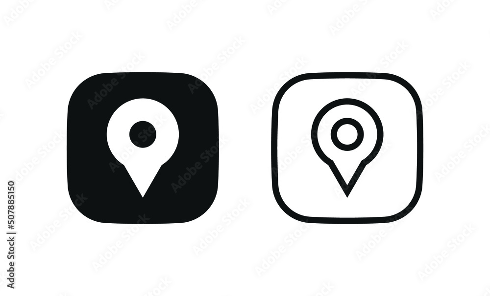Location pin icon, map pointer marker symbol, gps map pin icon button in filled, thin line, outline and stroke style for apps and website - square button Location pin icon, map pointer marker symbol, gps map pin icon button in filled, thin line, outline and stroke style for apps and website - square button