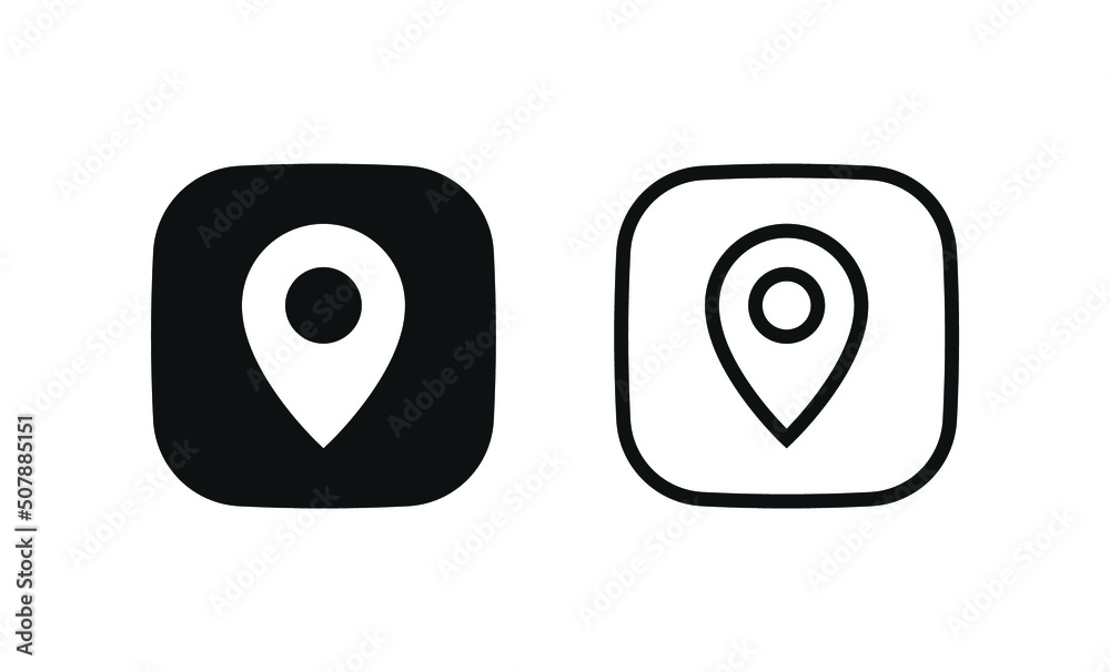 Location pin icon, map pointer marker symbol, gps map pin icon button in filled, thin line, outline and stroke style for apps and website - square button