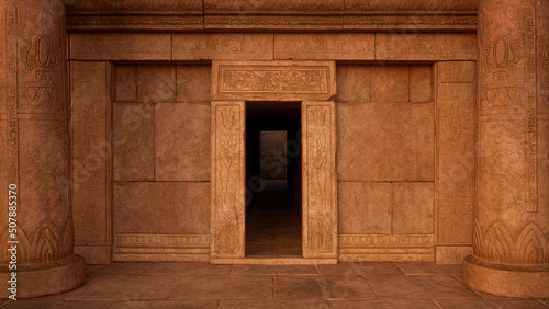 Entrance to an ancient Egyptian tomb or temple with stone columns either side. 3D rendering.