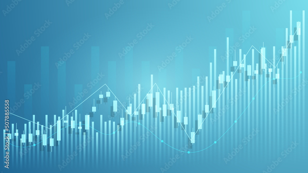 economy situation concept. Financial business statistics with bar graph and candlestick chart show stock market price and currency exchange on green background - obrazy, fototapety, plakaty 