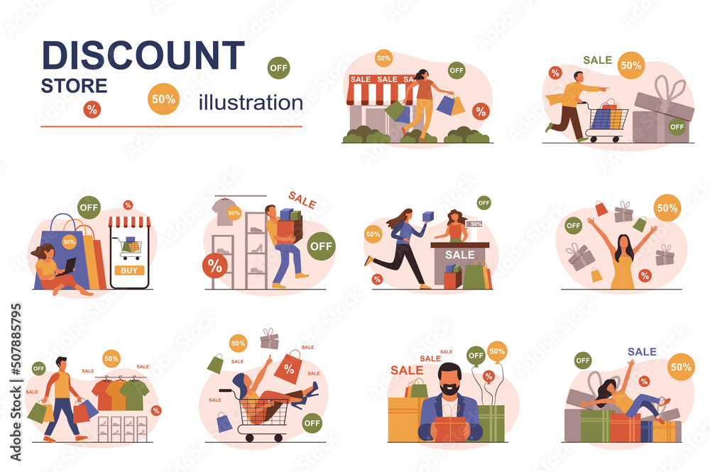 Discount store concept with people scene set. Men and women shopping at bargain prices during sale season in stores and boutiques, smart online shopping. Vector illustration in flat design for web