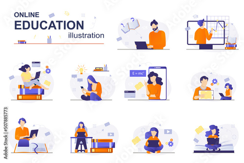 Photo Online education concept with people scene set