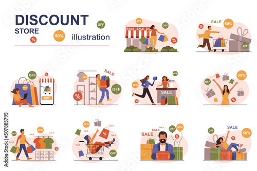Discount store concept with people scene set. Men and women shopping at bargain prices during sale season in stores and boutiques, smart online shopping. Vector illustration in flat design for web © alexdndz