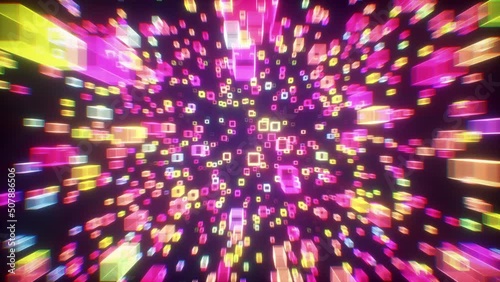 Digital abstract technology background. Motion inside futuristic glowing cubes grid seamless loop. Virtual reality, internet data exchange and cryptocurrency blockchain concept. 4k 60 fps 3D animation