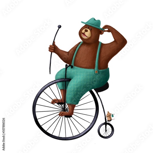funny bear on old bicycle, watercolor style illustration, children's clpart photo