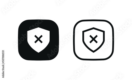 Shield check mark icon or false rejected no security shield protection icon with cross symbol - square button