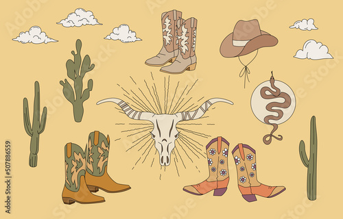 Cowboy Boots And Hat Western Boho Editable Stroke
