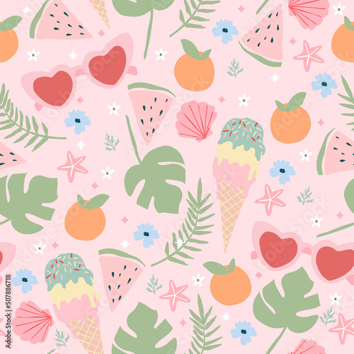 Cute summer seamless pattern. Background with ice cream, monster, watermelon and seashells.