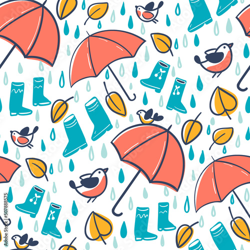 Seamless pattern. Autumn print with umbrellas and birds.