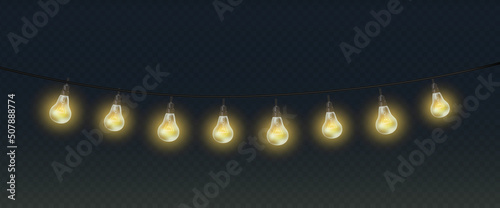 3d realistic vector illustration. Light bulbs of garland  on transparent background.