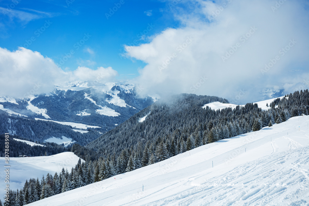 Beautiful panorama of mountain valley, forest covered with snow