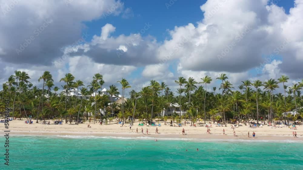 Pristine and bounty shore. Arena Gorda beach with resorts. People faving fun on caribbean coastline. Aerial view from drone Pristine and bounty shore. Arena Gorda beach with resorts. People faving fun on caribbean coastline. Aerial view from drone