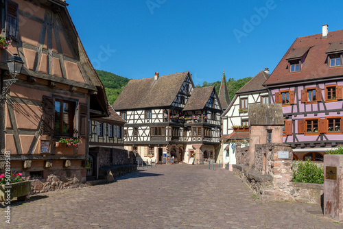 historic colorful half-timbered houses and village square in the Alsatian town of Kaysersberg