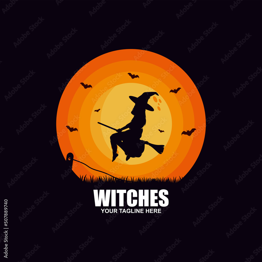 Silhouette witch flying on broom. Halloween symbol.