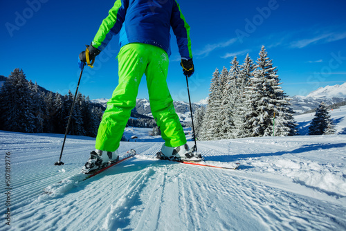 Low angle of skier legs on track over a forest after snowfall