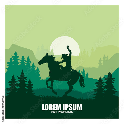 Cowboy Riding Horse Silhouette at Night logo