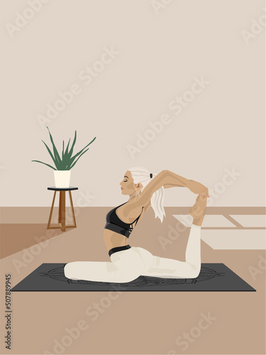 Young girl doing yoga, doing practice on a mat at home or in a studio. Fashionable flat vector illustration. 