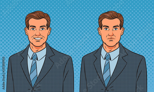 smiling happy and serious sad man businessman pop art retro vector illustration. Comic book style imitation.