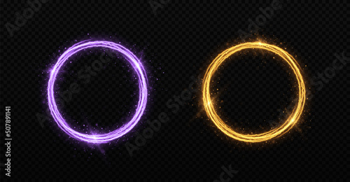 Set of luminous circle rings with fire effects. Fiery burning ring on transparent background.