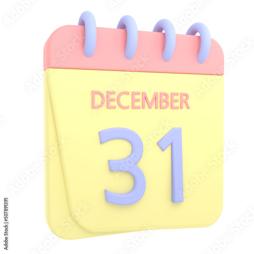 31st December 3D calendar icon. Web style. High resolution image. White background