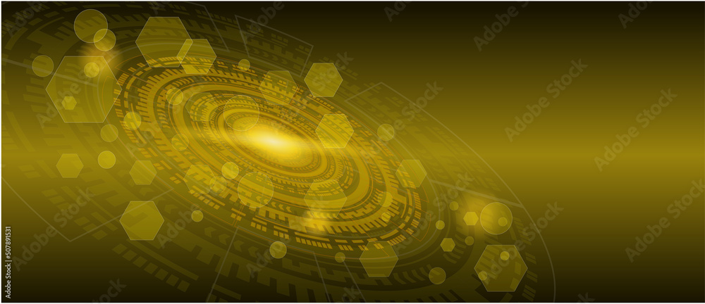 Abstract technology background with various technological elements in yellow color. Technological innovation. high-tech communication concept. circular network circuit - obrazy, fototapety, plakaty 