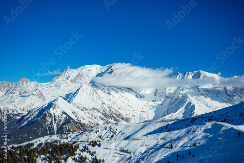 Mountain panorama covered by snow of Mont Blanc Alps massif